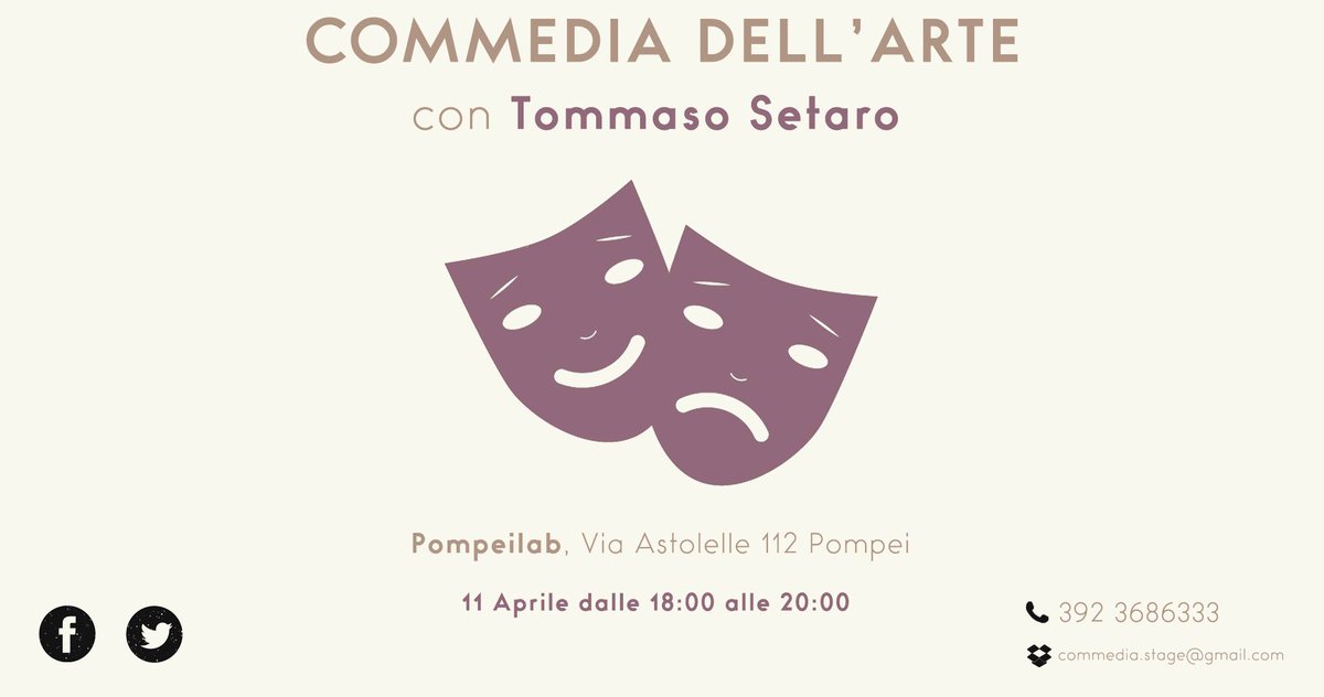 CommediaArteST's tweet photo. Lezione singola gratuita di improvvisazione e commedia dell'arte al Pompei Lab stasera! 
18.00 - 20.00 mercoledì 11 Aprile 2018 https://t.co/d6hiBevAoC