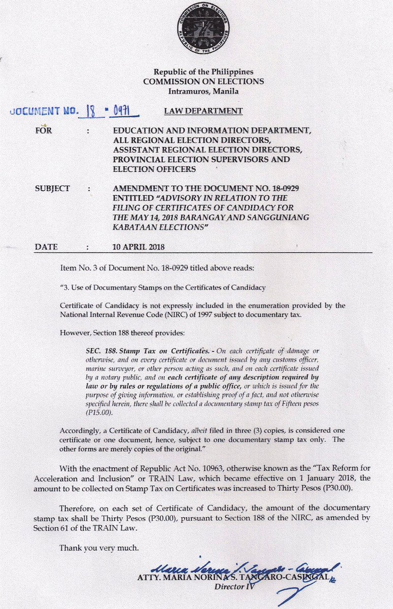 ComelecRX's tweet photo. Advisory in relation to the filing of COC for the BSKE2018 https://t.co/3oK77AA39Z