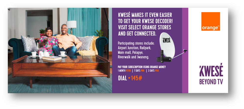 Kwese_BW's tweet photo. Get your Kwese decoder at selected Orange stores! For only P510 you get your decoder, dish standard installation and we will throw in a month for absolutely free! Subscribe with Orange Money by dialing *145# @watchkwese #KweseBeyondTV https://t.co/SGfjsdh6AE
