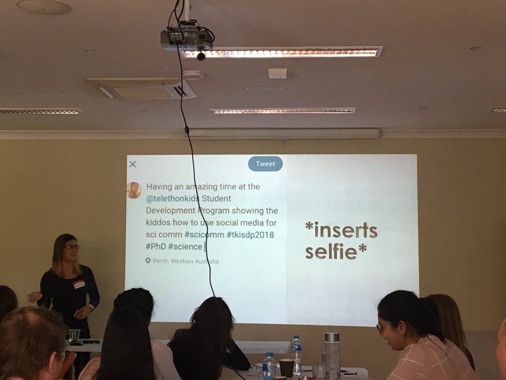 _BreeWagner's tweet photo. @GenevieveSyn explaining the ins and outs of #scicomm and social media at #TKISDP2018 https://t.co/33iIJ8N3Ku