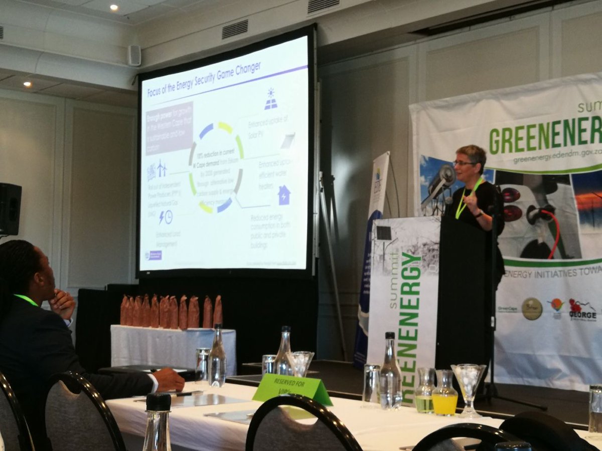 Dr Hildegarde Fast: Western Cape Provincial Energy Security Game Changer presenting on SSEG (Small Scale Embedded Generation). @GreenEnergySummit hosted by Eden District  Municipality, George, Fan court. <a href="/GBCSA/">GBCSA</a> #GreenEnergy