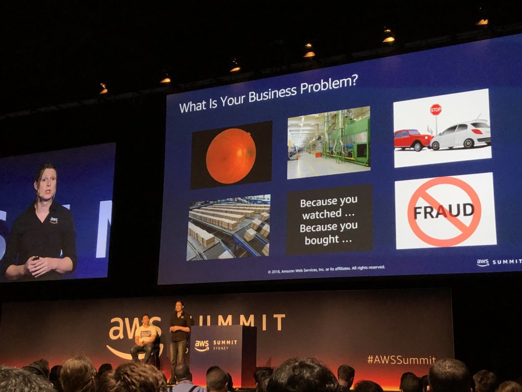AWSonAir's tweet photo. The benefits of Amazon SageMaker #AWSSummit Sydney. What business problem do have that you that might need solving🤔? https://t.co/Va8S1Pdq5Q