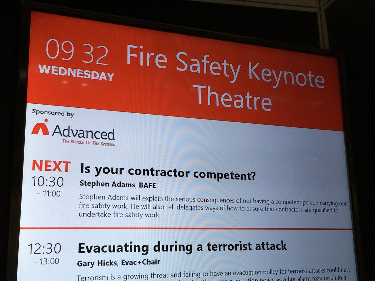 BAFEFIRE's tweet photo. BAFE Chief Executive, Stephen Adams, will be speaking @FireSafetyEvent Keynote Theatre this morning at 10:30 to stress the importance of using competent contractors for your fire safety requirements #FSENEC https://t.co/rhiqhk64Tc