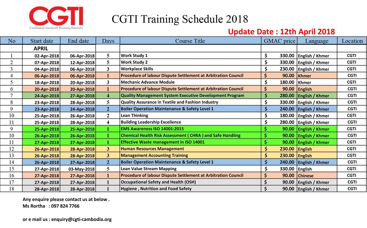 CGTI (@cgticam) on Twitter photo Dear all members
Attached is the updated April 2018 training calendar, please check it out.
Please contact us at enquire@cgti-cambodia.org or call us at++855 23 622 7777
Thank you Dear all members
Attached is the updated April 2018 training calendar, please check it out.
Please contact us at enquire@cgti-cambodia.org or call us at++855 23 622 7777
Thank you