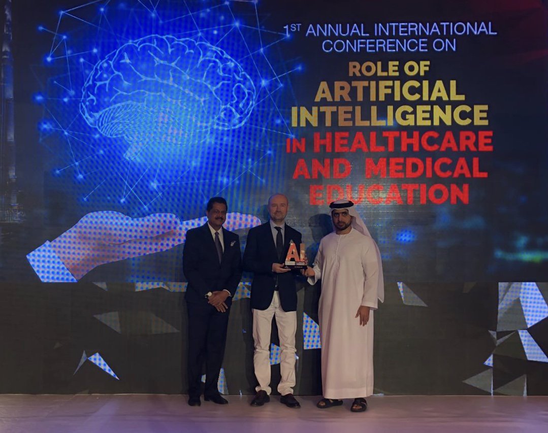 Lifelike_Int's tweet photo. Our CEO Andrea Laus with H.E. Omar Bin Sultan Al Olama, UAE Minister of State for Artificial Intelligence and Dr. Thumbay Moideen @thumbay , Founder and President of @thumbaygroup after his speech. #lifelikers #AI #careAbout@Skillgym   https://t.co/rrkRZeeys4 https://t.co/fS6E9CVOaG