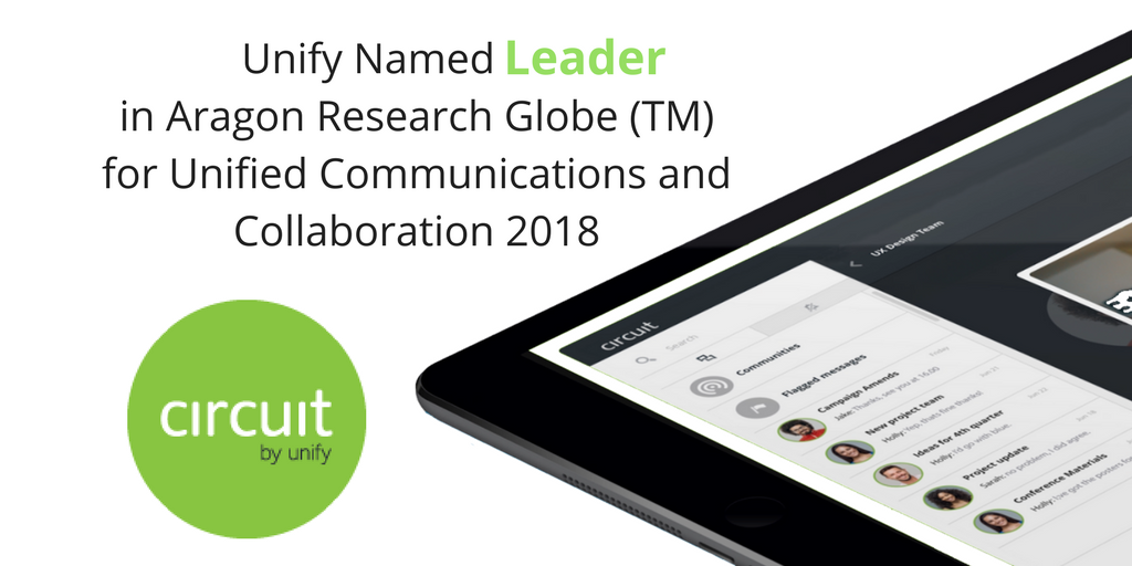 @UnifyCo in the leaders quadrant of <a href="/AragonResearch1/">Aragon Research</a> Globe (tm) 2018 for Unified Communications and Collaboration 2018 bit.ly/2HbG0YN