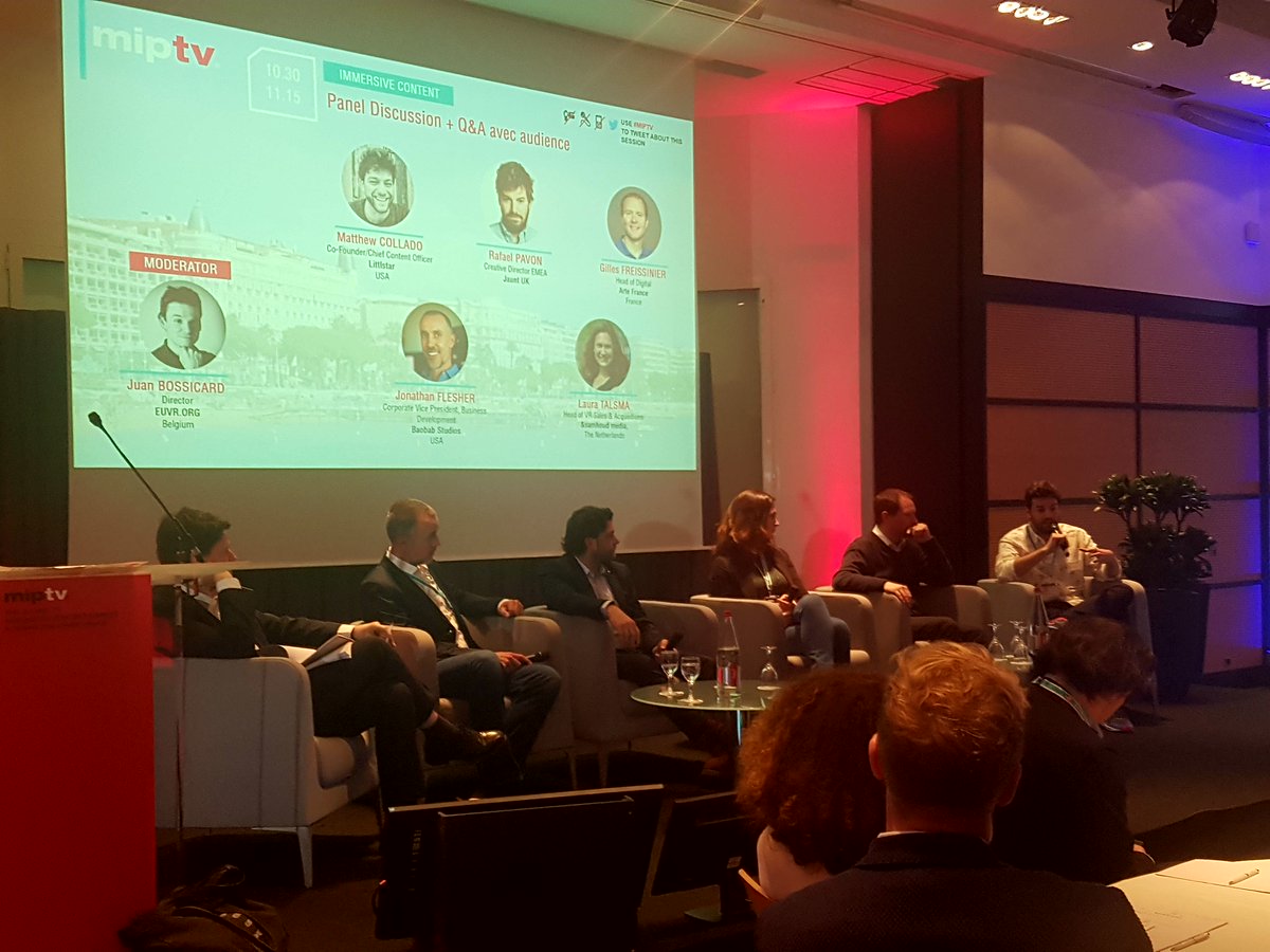 2nd day #MIPTV2018 - Immersive Leadership Summit ☛ how to bring #XR to a mainstream audience ☚ with @littlstar's @bennylavalives, @baobabstudios' Jonathan Flesher, @ARTEfr's @gillesfrei, @jauntvr's @Watergunner, &samhoud media's L. Talsma #surlaroute 
my-mip.com/en/Sessions/54…