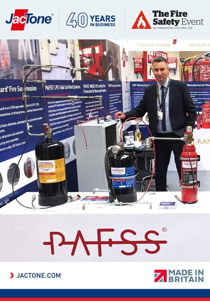 Jactone_UK's tweet photo. Ready for Day 2 of @FireSafetyEvent. Our business developement manager Simon models some of our @jactonepafss fire suppression systems πββοΈ Come along to stand FS108 and say Hello #firesafety #fsenec #GBmfg #UKmfg https://t.co/iQujDG6pjq