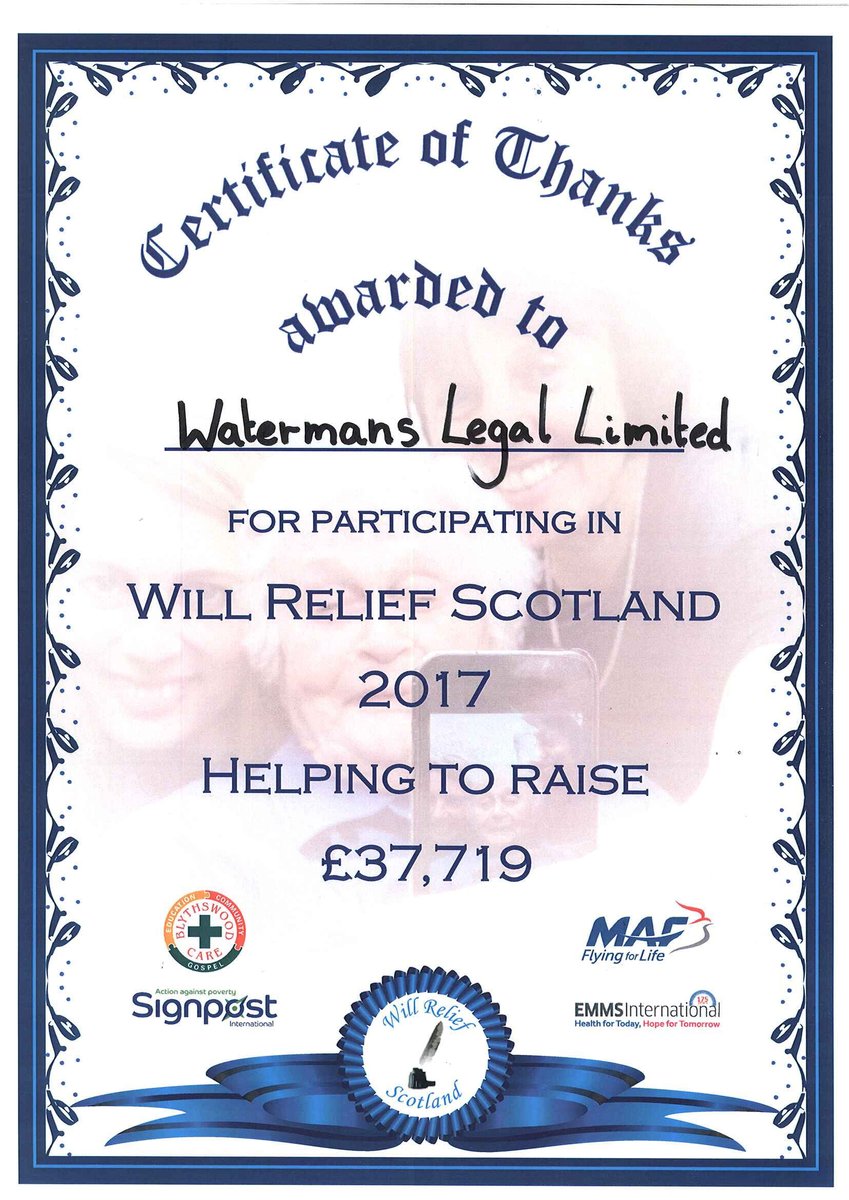 watermans__'s tweet photo. We were excited and proud to receive a lovely thank you certificate from our friends at #WillReliefScotland for helping them raise £37,719 last year! https://t.co/UC2VjVOXha @BlythswoodCare @flying4life @signpostintl @emmsintnl #teamwatermans #Edinburgh  #Lawyers https://t.co/yT4B5735I4