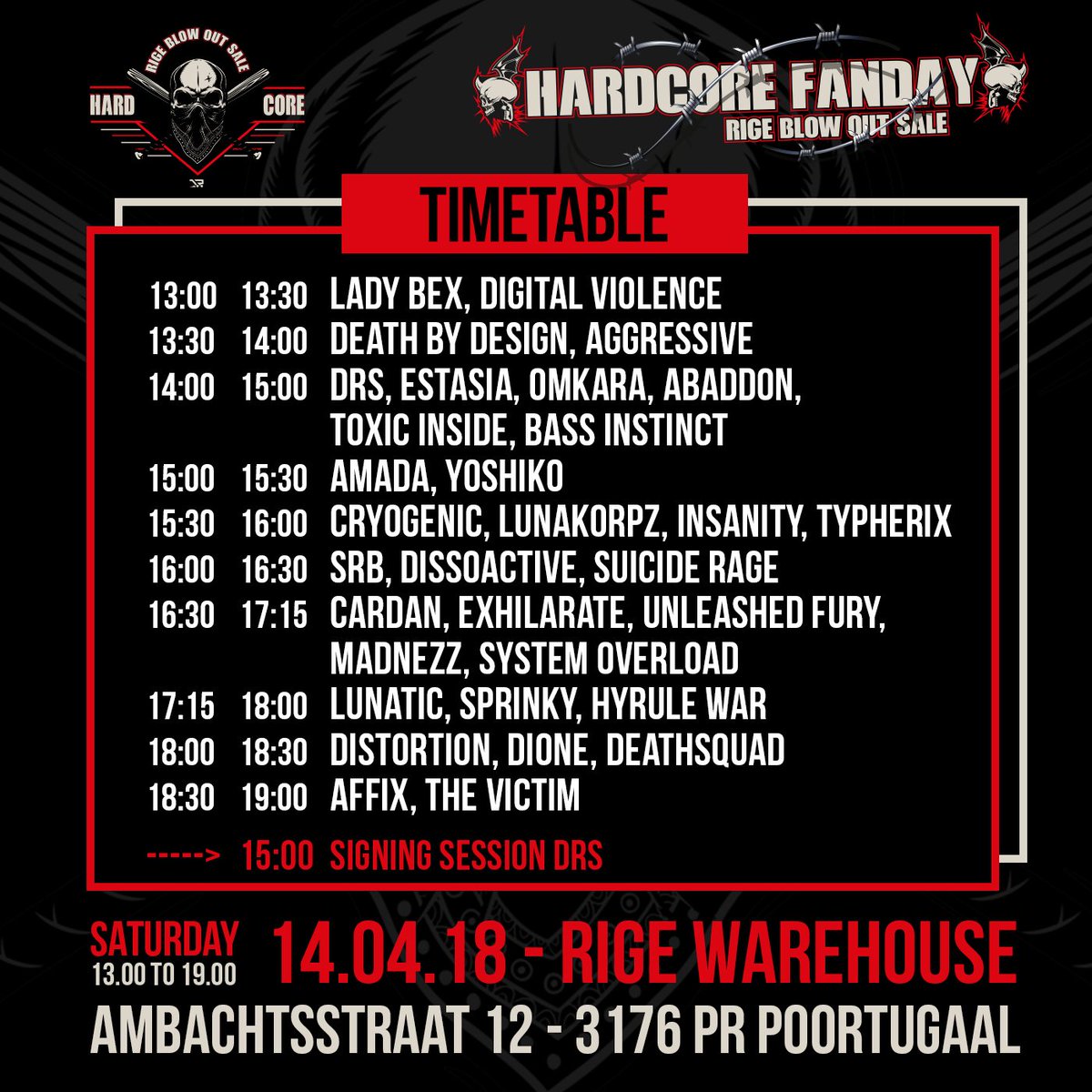 RigeBookings's tweet photo. Saturday #hardcorefanday @RIGESHOP Poortugaal. From 13:00 - 19:00. Free entrance! @ESTASIANL #drs @RTCDISTORTION @Dj_Sprinky @HyruleWar #deathsquad @djaffix #thevictim #ladybex #digitalviolence @DeathbyDesignDJ #djaggressive @Djabaddon #toxicinside @bassinstinct https://t.co/5zfsR3kcAf