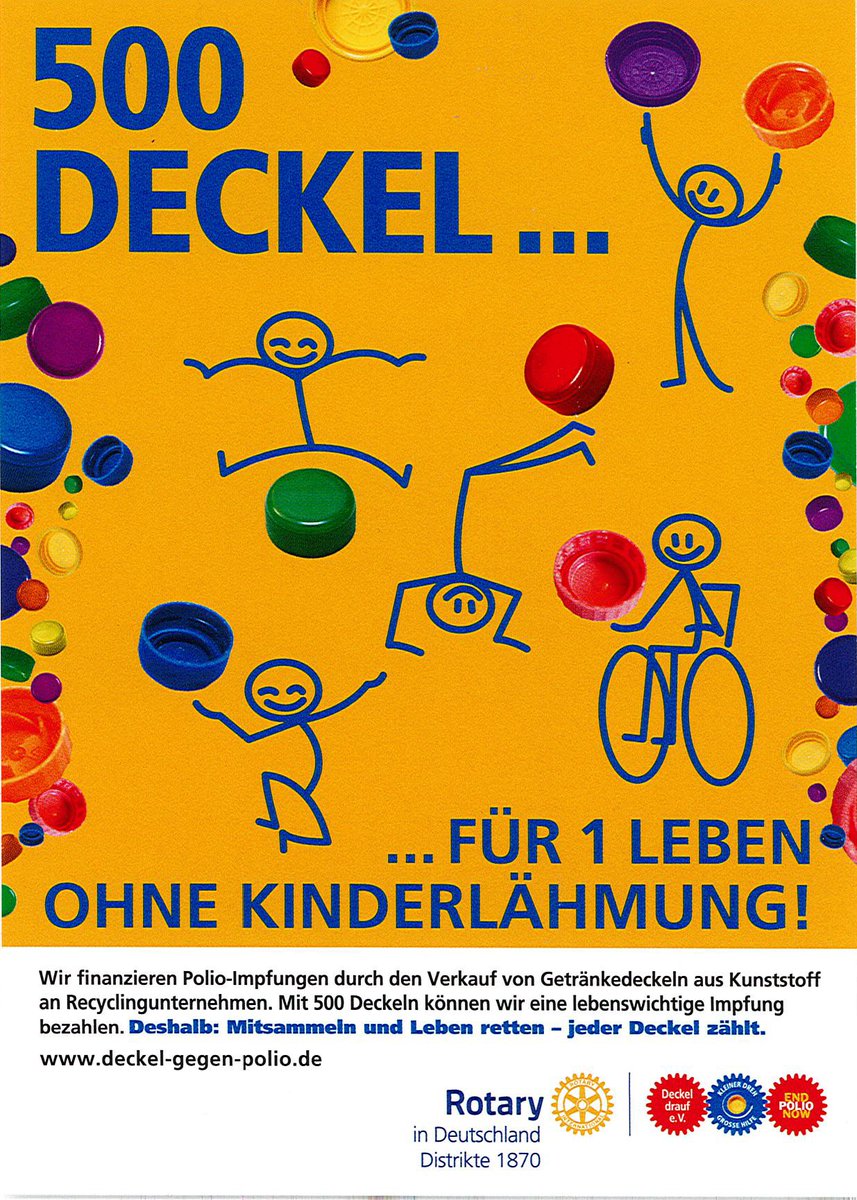 TAS_Muelheim's tweet photo. 500 Deckel für 1 Leben ohne Kinderlähmung

TAS Mülheim sammelt mit!
Für 500 Deckel erhält ein Kind die lebenswichtige
Polio-Impfung. 💉

Eine super Aktion!!!!
Also macht bitte alle mit..

https://t.co/VBqe0gOoR8

#TAS #Mülheim #Rotary #500deckel https://t.co/mAKjdvENWv