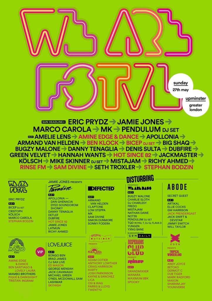 Delighted to be back playing We Are FSTVL in the Mambo Arena on Sunday 27th May. Such a good lineup! Final tickets wearefstvl.com