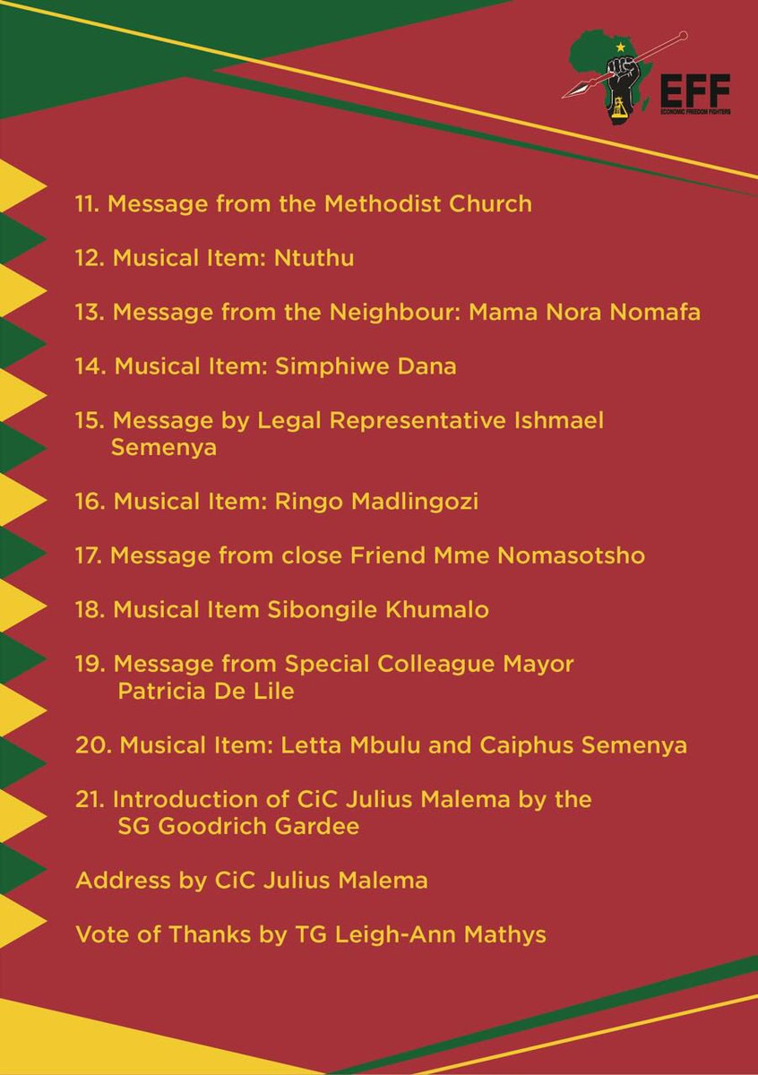 MbuyiseniNdlozi's tweet photo. #EFFWinnieMandelaMemorialService Program for the day in #Brandfort. Follow live on YouTube

https://t.co/sa5Ngy0Gcu https://t.co/2CpHMCBwGx