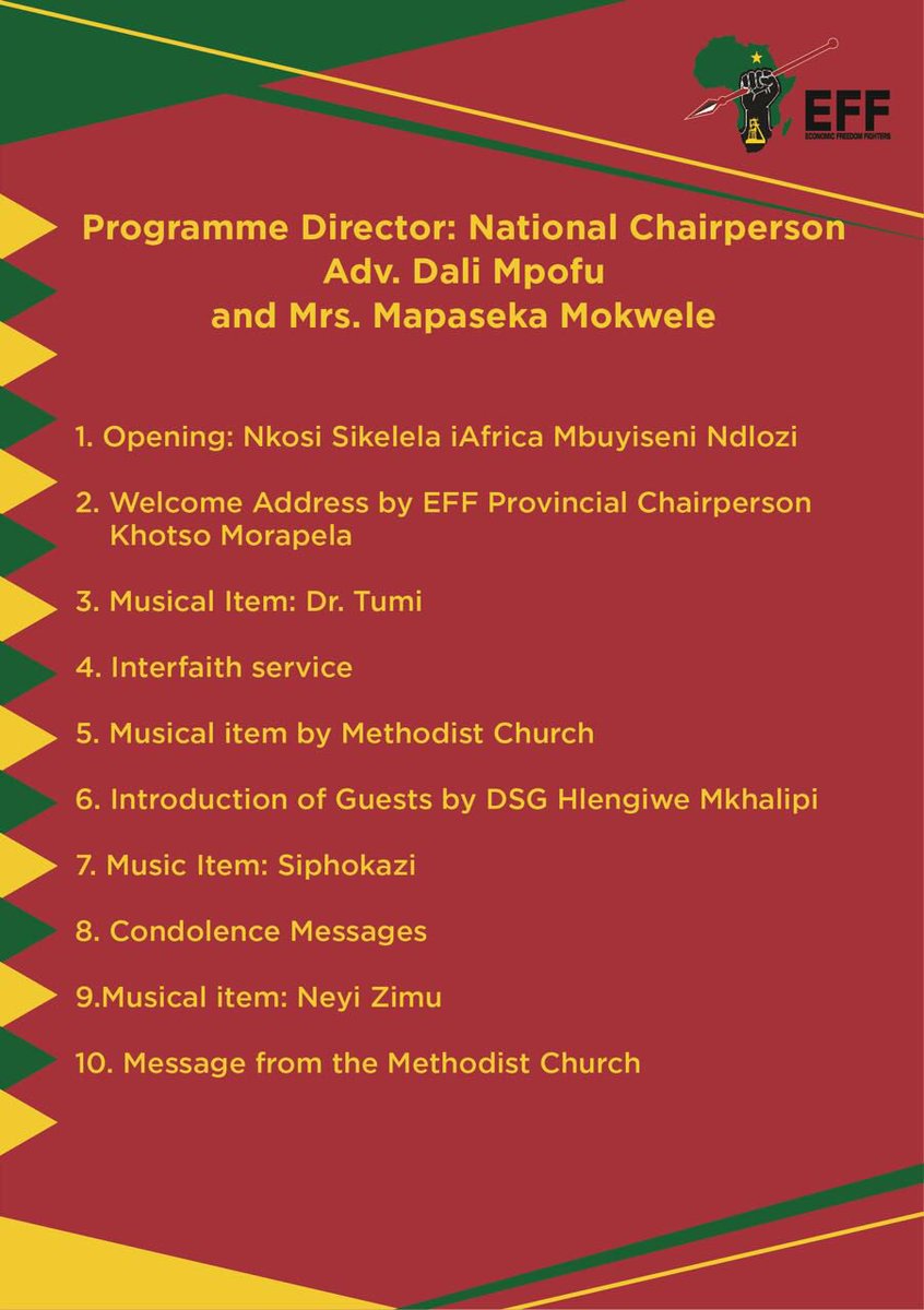 MbuyiseniNdlozi's tweet photo. #EFFWinnieMandelaMemorialService Program for the day in #Brandfort. Follow live on YouTube

https://t.co/sa5Ngy0Gcu https://t.co/2CpHMCBwGx