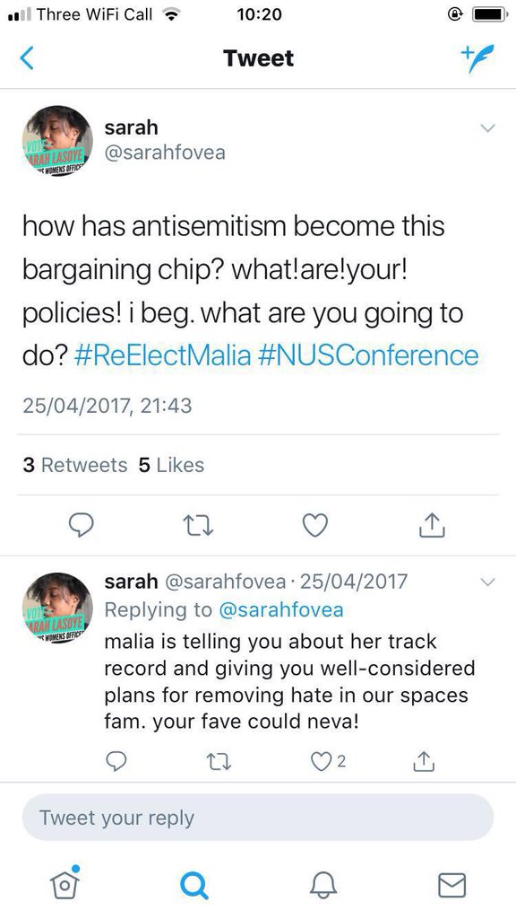 DanaWinter30's tweet photo. NUS Womens Officer candidate @sarahfovea does not see antisemtism as an issue for students to tackle- how is that representative? #NUSwomen18 https://t.co/UEj2EDN3dS