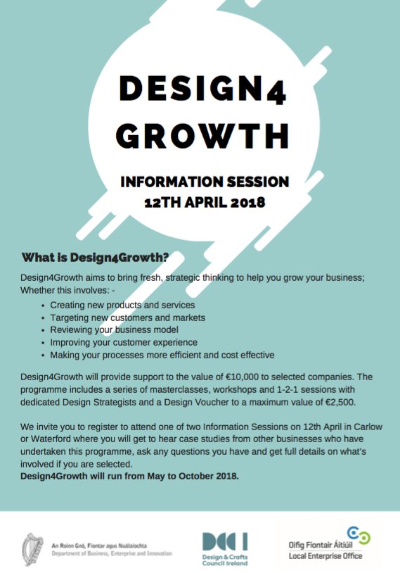 LEOWaterford's tweet photo. CHANGE OF DATE - Due to unforeseen circumstances the #Design4Growth Information Session in #Waterford on April 12th has been postponed & will now take place on Tuesday April 17 - 2pm to 4pm at Waterford Treasures Sincere apologies for any inconvenience. #RT https://t.co/tpOVNlhFxs
