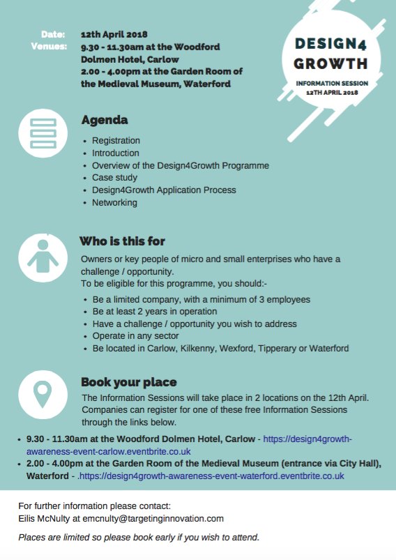 LEOWaterford's tweet photo. CHANGE OF DATE - Due to unforeseen circumstances the #Design4Growth Information Session in #Waterford on April 12th has been postponed & will now take place on Tuesday April 17 - 2pm to 4pm at Waterford Treasures Sincere apologies for any inconvenience. #RT https://t.co/tpOVNlhFxs