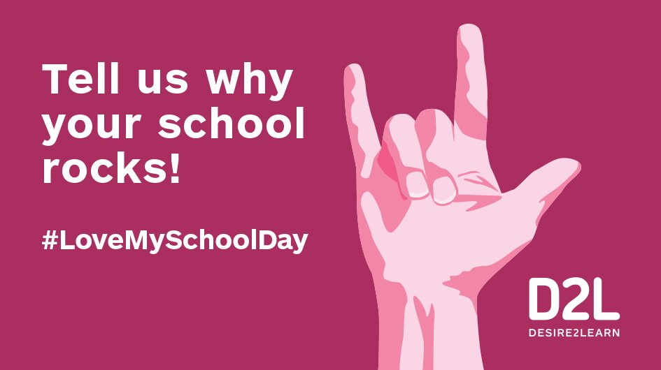 D2L's tweet photo. It's #LoveMySchoolDay! Why do you love your school?
Some tips to share your story:
➡️tag your colleagues, teachers, and school leaders
➡️post a photo or video
➡️use #LoveMySchoolDay
https://t.co/CpLUm4cQK9 https://t.co/1NrFcnTXHD