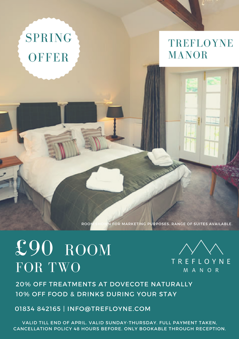Brilliant room offers for April, starting from only £90 a night, with 20% off in our treatment rooms, and 10% off all food and drinks during your stay. T &amp; C's Apply. Book through our reception on; 01834 842165 #pembrokeshire #tenby #trefloynemanor