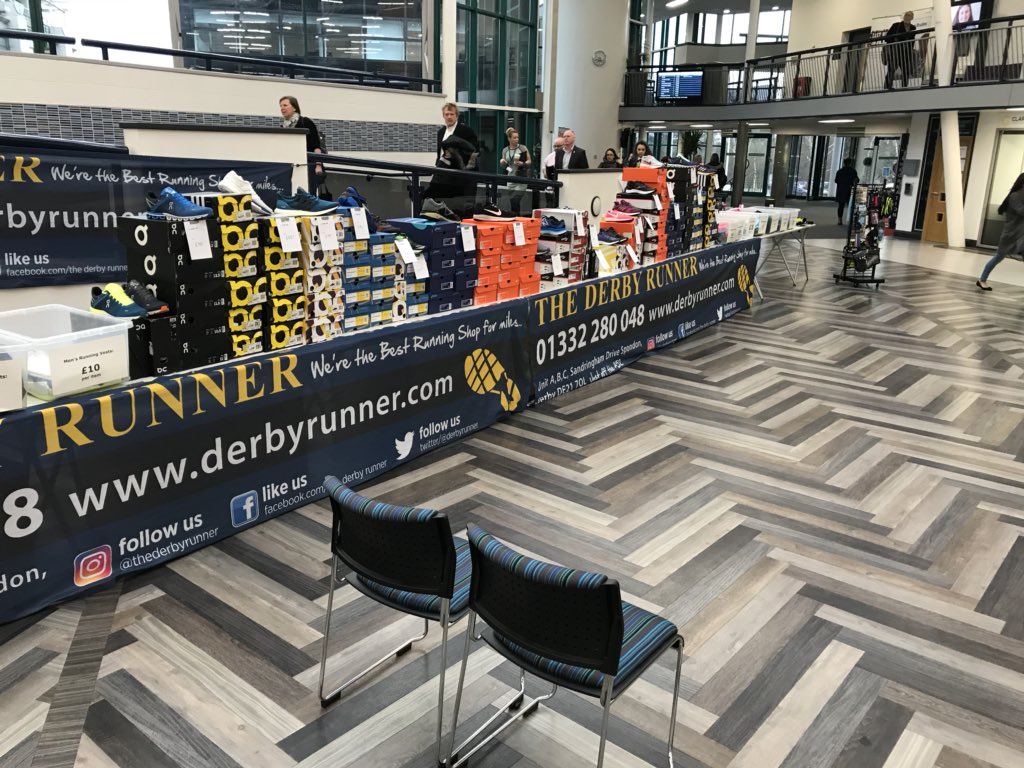 DERBYRUNNER's tweet photo. We’re at @DerbyUni till 3pm today for the final time this academic year. Find Rob and Elaine in the Atrium at Keddleston Road with some great deals on shoes and clothing! #derbyrunnerstall https://t.co/8ZLBNhSa43