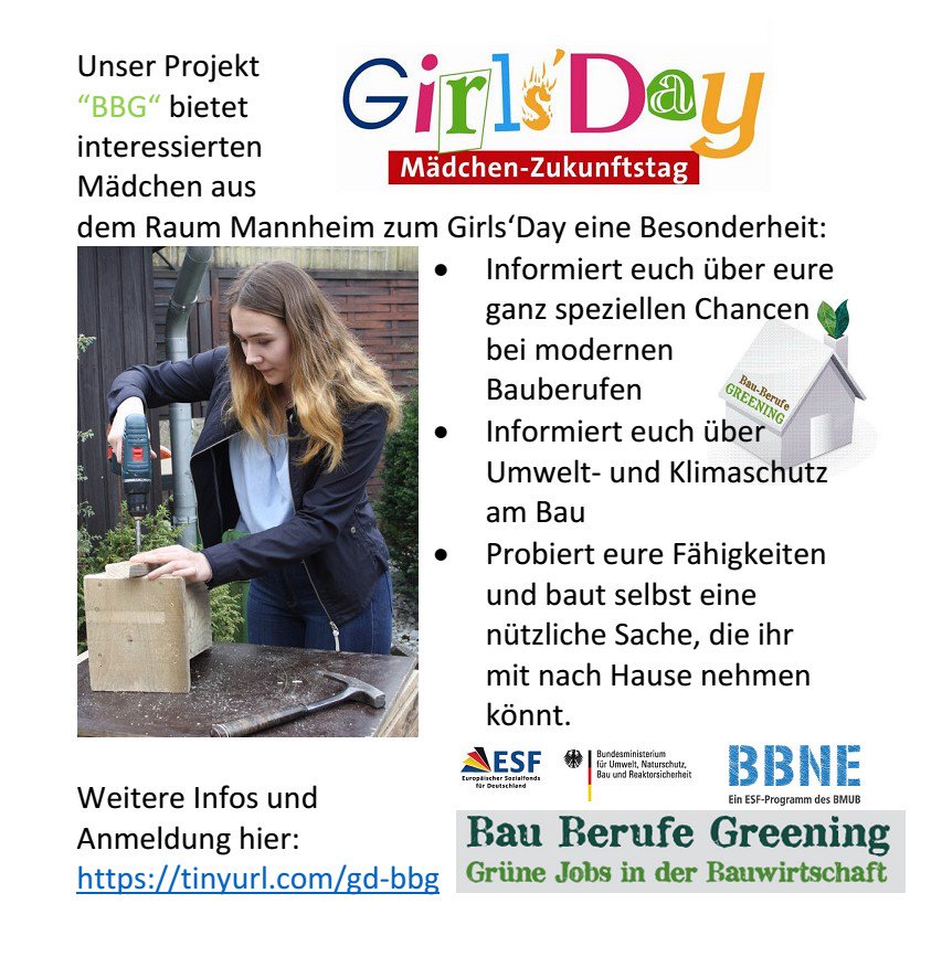 Girls'Day am 26.04.2018. Unsere BBG-Ausstellung befindet sich in Mannheim und bietet Mädchen aus der Umgebung an diesem Tag etwas Besonderes. Näheres hier: tinyurl.com/gd-bbg