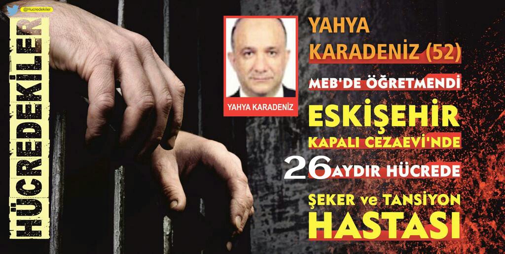 magdurmesaji's tweet photo. Yahya Karadeniz

Tutuklu öğretmen

Eskişehir Cezaevinde 26 aydır hücre cezasıyla iskence yapılmaktadır. https://t.co/pNsgPzEAuO