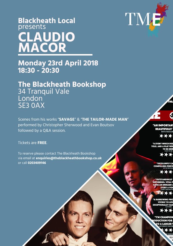 TMExuberance's tweet photo. Join us for an evening with Claudio Macor, writer of #Savage &amp; #TheTailorMadeMan. Tickets are free! https://t.co/kp0mgUwO6F #theatre #plawright https://t.co/BGWjCzDKLA