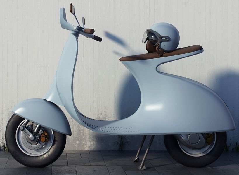 designboom's tweet photo. giulio iacchetti reimagines the classic 98cc vespa with a cantilevered seat and electric motor https://t.co/o4sFAcGznM https://t.co/4Kc3OxwkUw