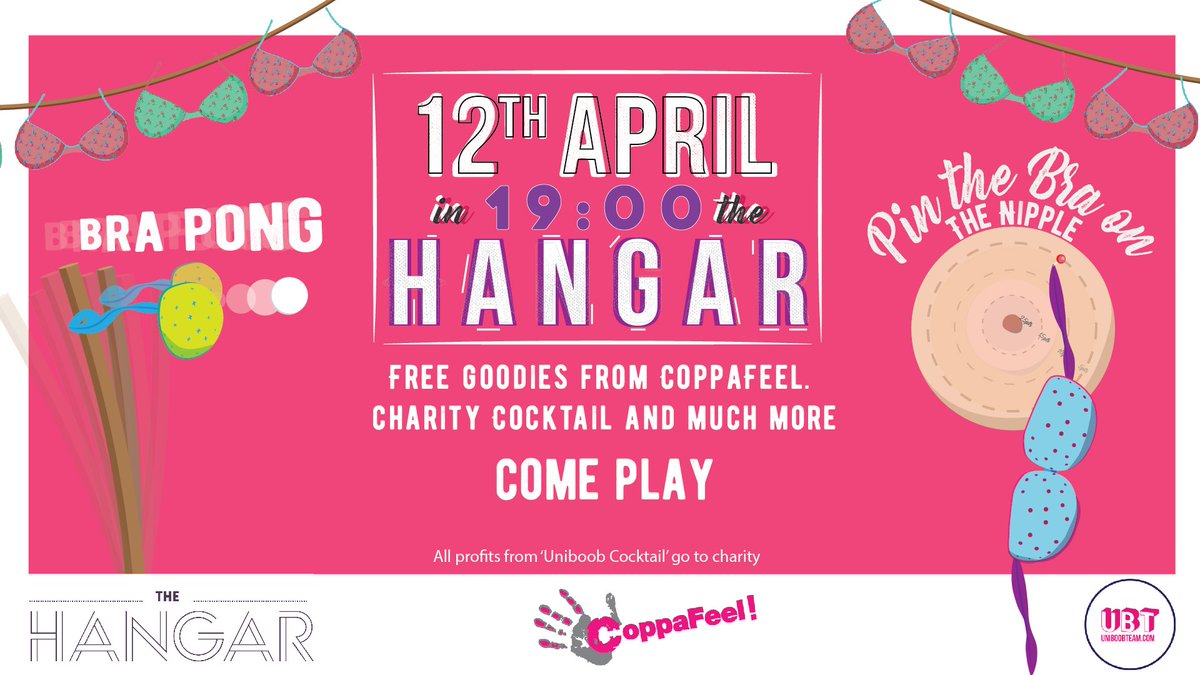 <a href="/ubt_worcester/">Uni Boob Team Worcester 💓</a> are hosting an event in the Hangar tomorrow tonight, in aid of <a href="/CoppaFeelPeople/">CoppaFeel!</a> There'll be 'Bra Pong', 'Pin the Bra on the Nipple', a special cocktail, giveaways and loads more. All @worcester_uni students welcome! 💕💕💕💕