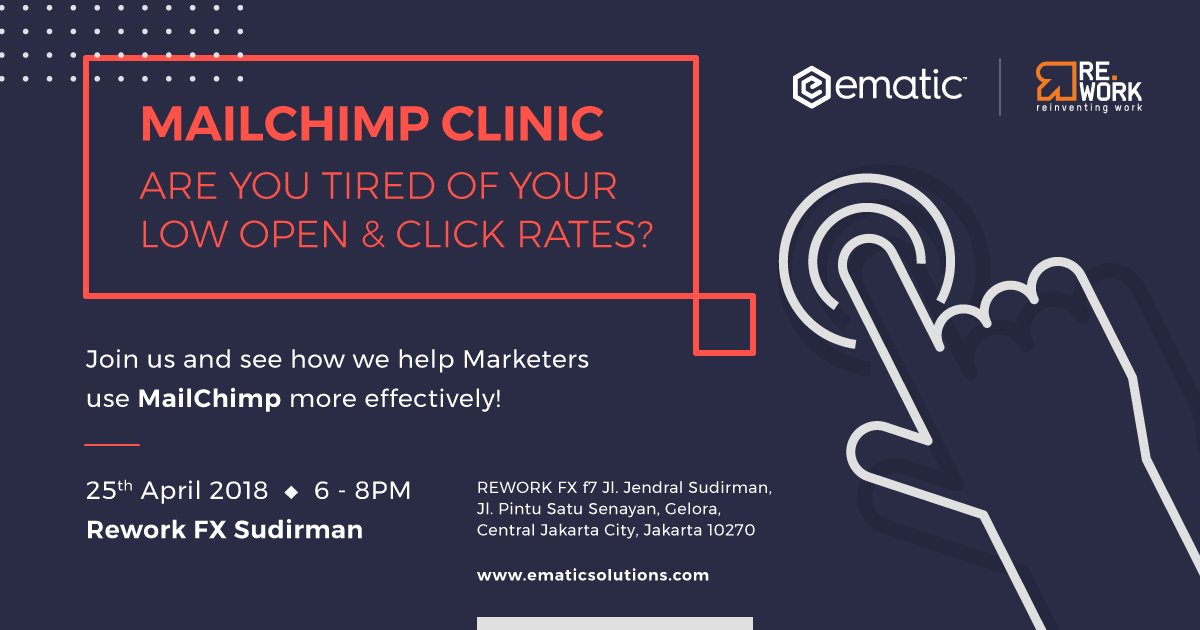 [JAKARTA] Join us April 25th for a MailChimp Clinic where we'll discuss how you can optimize your e-mail marketing game to reach new all time highs!

Register now for FREE: eventbrite.com/e/mailchimp-cl…

#marketing #email #emailmarketing #jakarta #business #event #ai