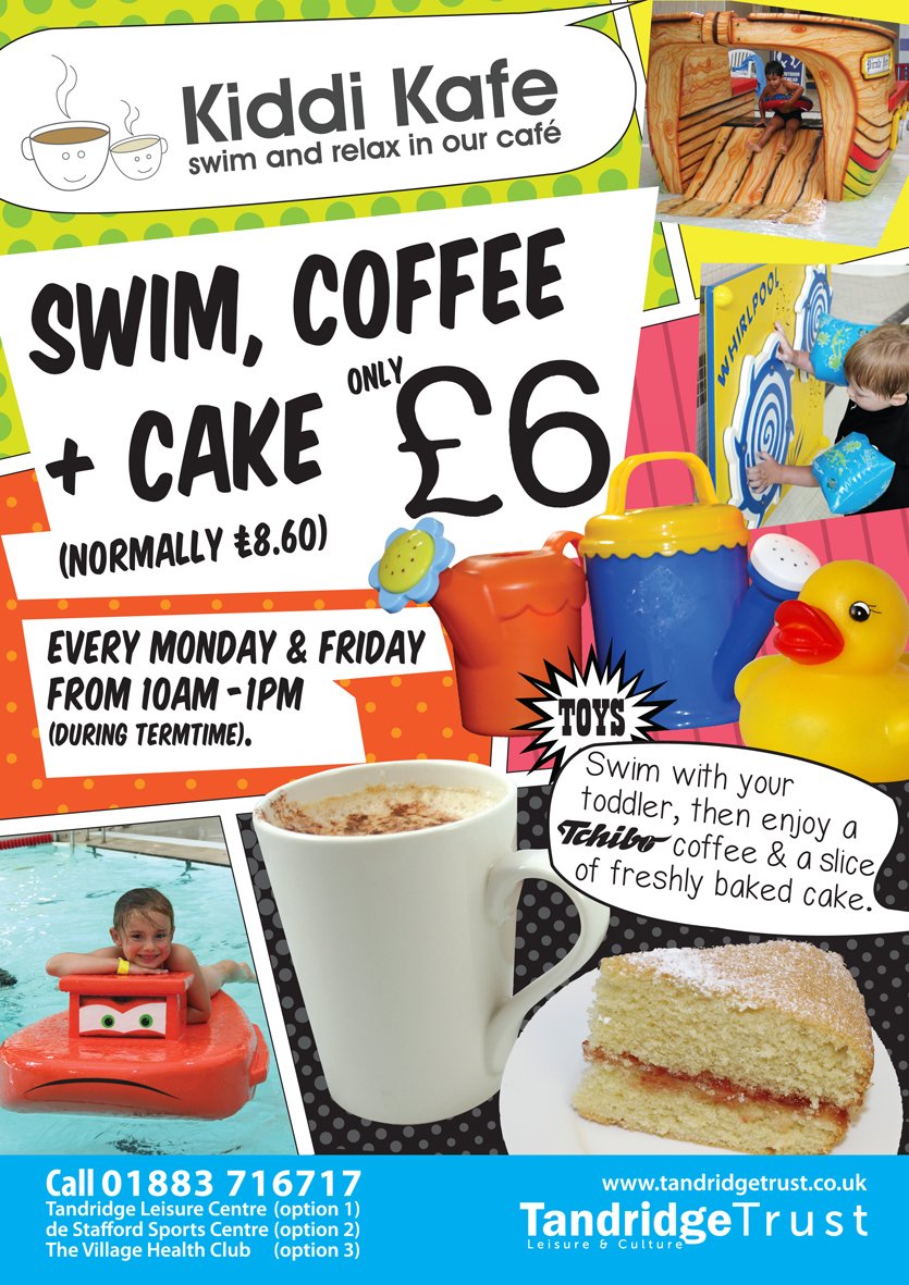 Bring your little one for a swim, followed by some delicious coffee &amp; cake, all for ONLY £6! Mondays and Fridays, 10am-1pm, Tandridge Leisure Centre bit.ly/2cWTqXc #swimming #kids #oxted