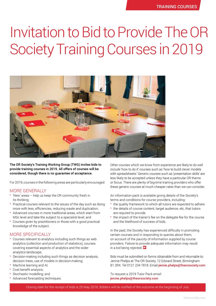 Could you be our next #trainingcourse provider? We are inviting bids to provide training courses in analytics, decision making, AI, modelling and more... 

To request a 2019 Tutor Pack email: jennie.phelps@theorsociety.com

Deadline for submissions is 25 May. 

#ORMS #ThisIsOR