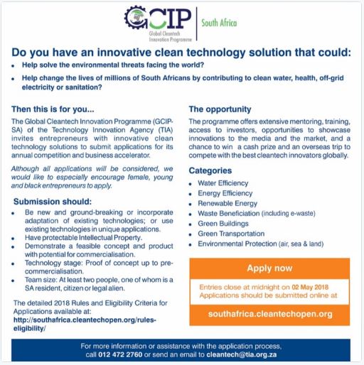 GALXCOC_'s tweet photo. Opportunity for all SMME's and Start-ups with Innovative Cleantech Solutions - 2018 https://t.co/phZStT0Ipu