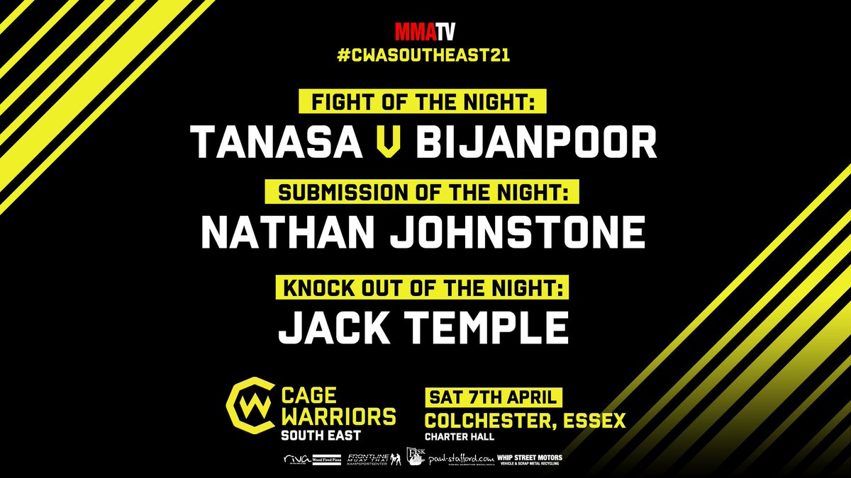 CWA_SouthEast's tweet photo. Our £50 FIGHT NIGHT AWARD CASH BONUSES!
Fight of the Night #FOTN: Tanasa V Bijanpoor
Submission of the Night #SOTN: Nathan Johnstone
Knockout of the Night #KO: Jack Temple
(Congratulations to all our Winners!!)
#CWASouthEast #CWASouthEast21 #MMA #UKMMA https://t.co/8i2WJODBiY