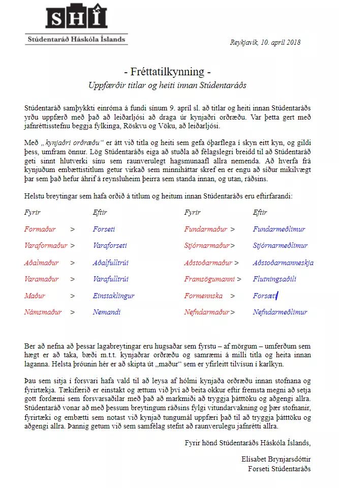 salkadelasol's tweet photo. Frábært hjá Stúdentaráði 👏👏👏 Íslenska er ótrúlega karllægt tungumál og þetta er skref í rétta átt. 👏👏👏 https://t.co/3olIFu4vUN