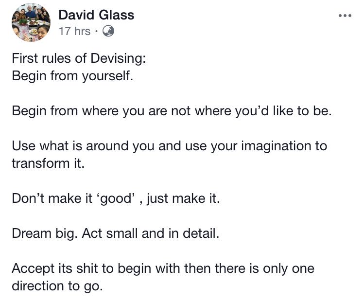 s_chew's tweet photo. Reminders from devising guru, David Glass.

#devisedtheatre #2amt #2thtr https://t.co/e68VWMzKk0