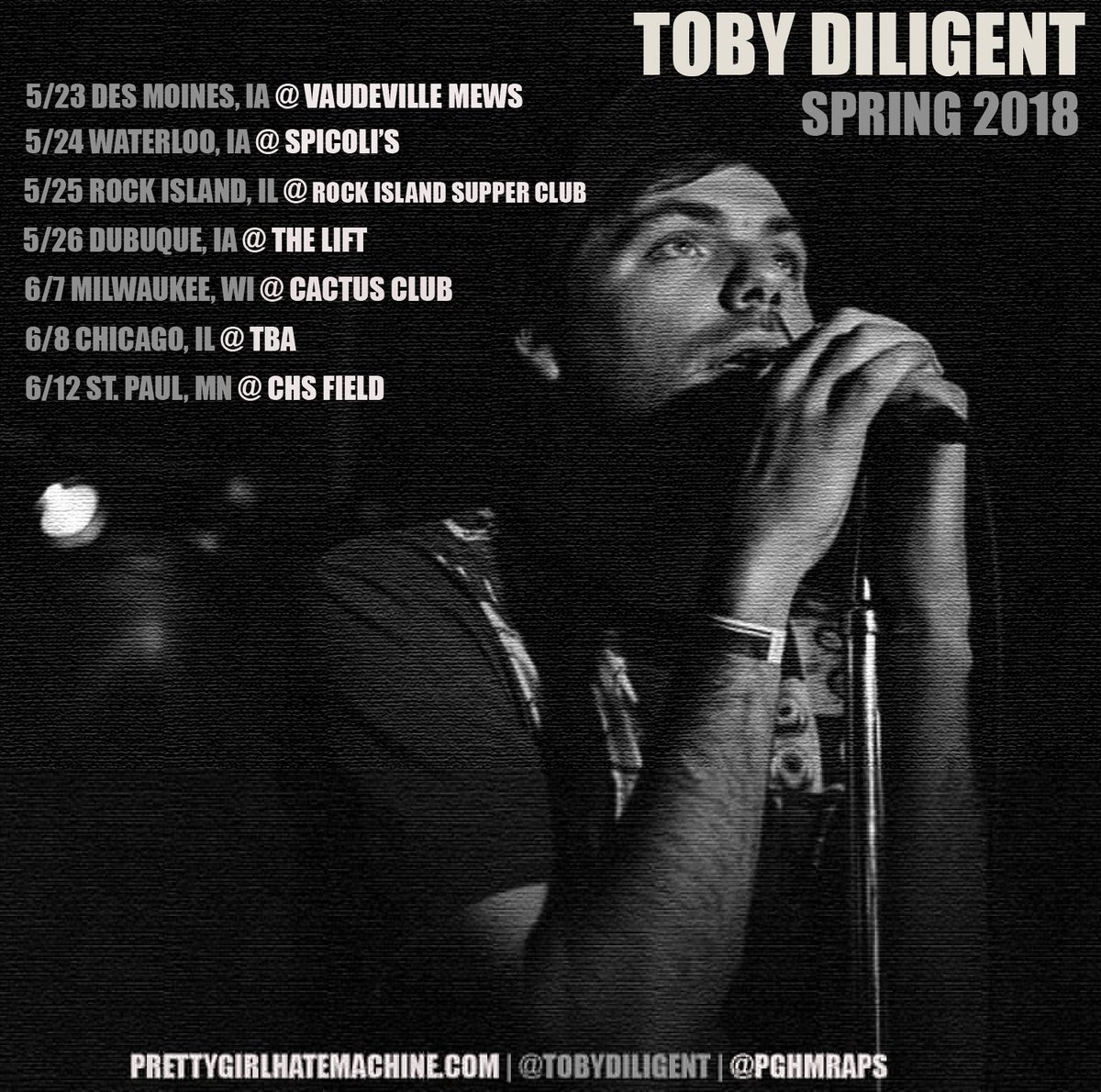 PGHMraps's tweet photo. Our own @TobyDiligent has some Midwest shows coming up in May & June! Check him out if you're in these cities.. #Midwest #HipHop #Rap #Indie #Music #Tour #TobyDiligent #prettygirlhatemachine https://t.co/mLURtL9rpm