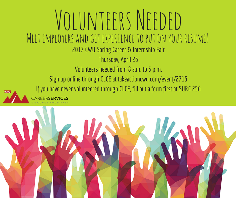 CWUCareer's tweet photo. Volunteer opportunities look great on a resume! Sign up to help at our Spring Career &amp; Internship Fair! #cwucareer #cwuspringfair https://t.co/pTX88TSNng
