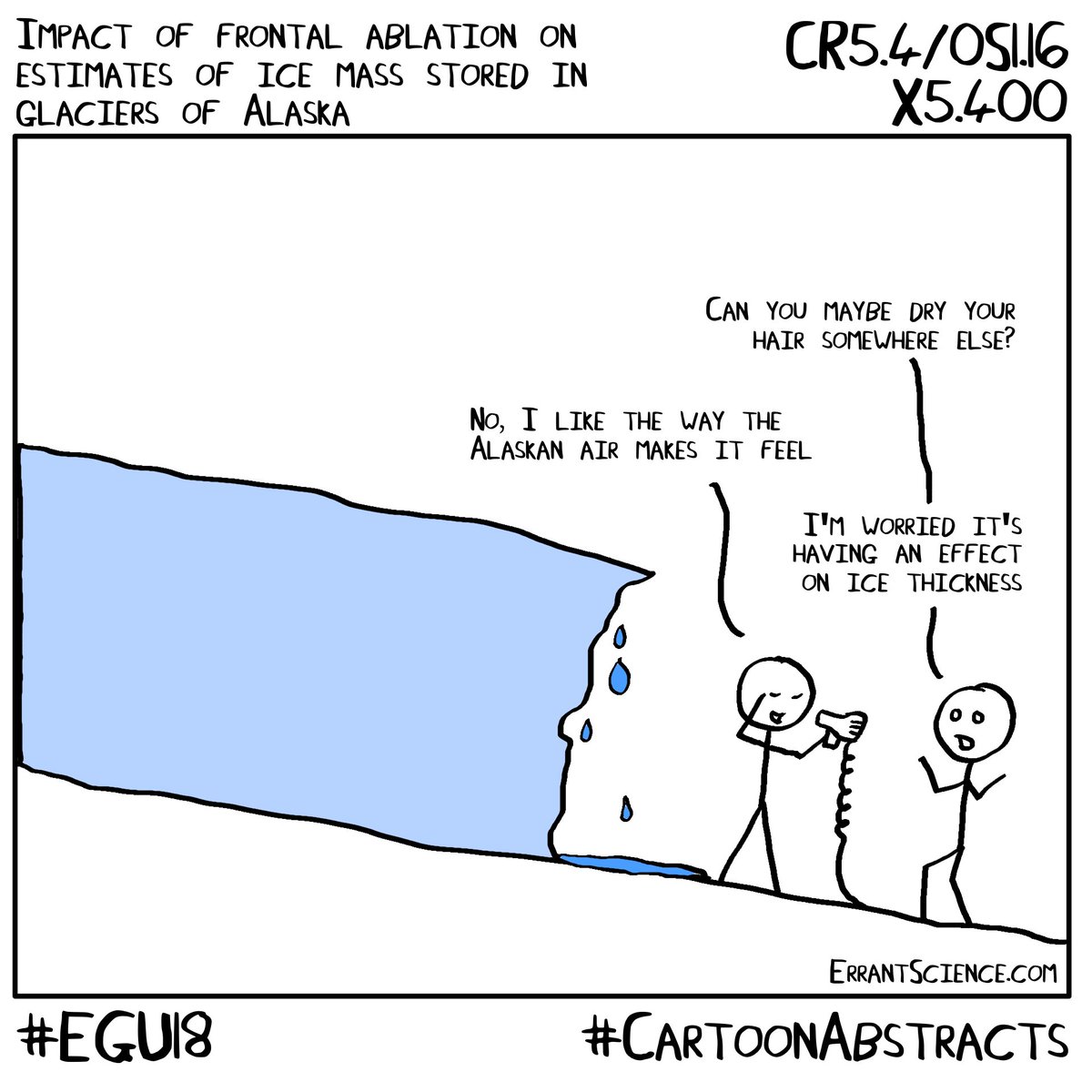 ErrantScience's tweet photo. A #CartoonAbstracts for @bmrocean (@IRTG_ArcTrain ) and their #EGU18 poster about estimating changing ice volume, probably because people keep melting it with hair driers @EuroGeosciences https://t.co/ZSgRzmaiCb