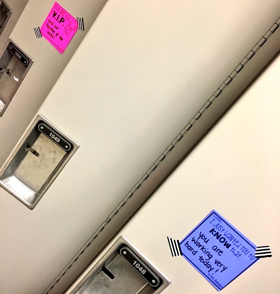 Positive locker notes to start our Wednesday morning! #inspirepositivity  • “Sprinkle kindness like confetti.” 💕