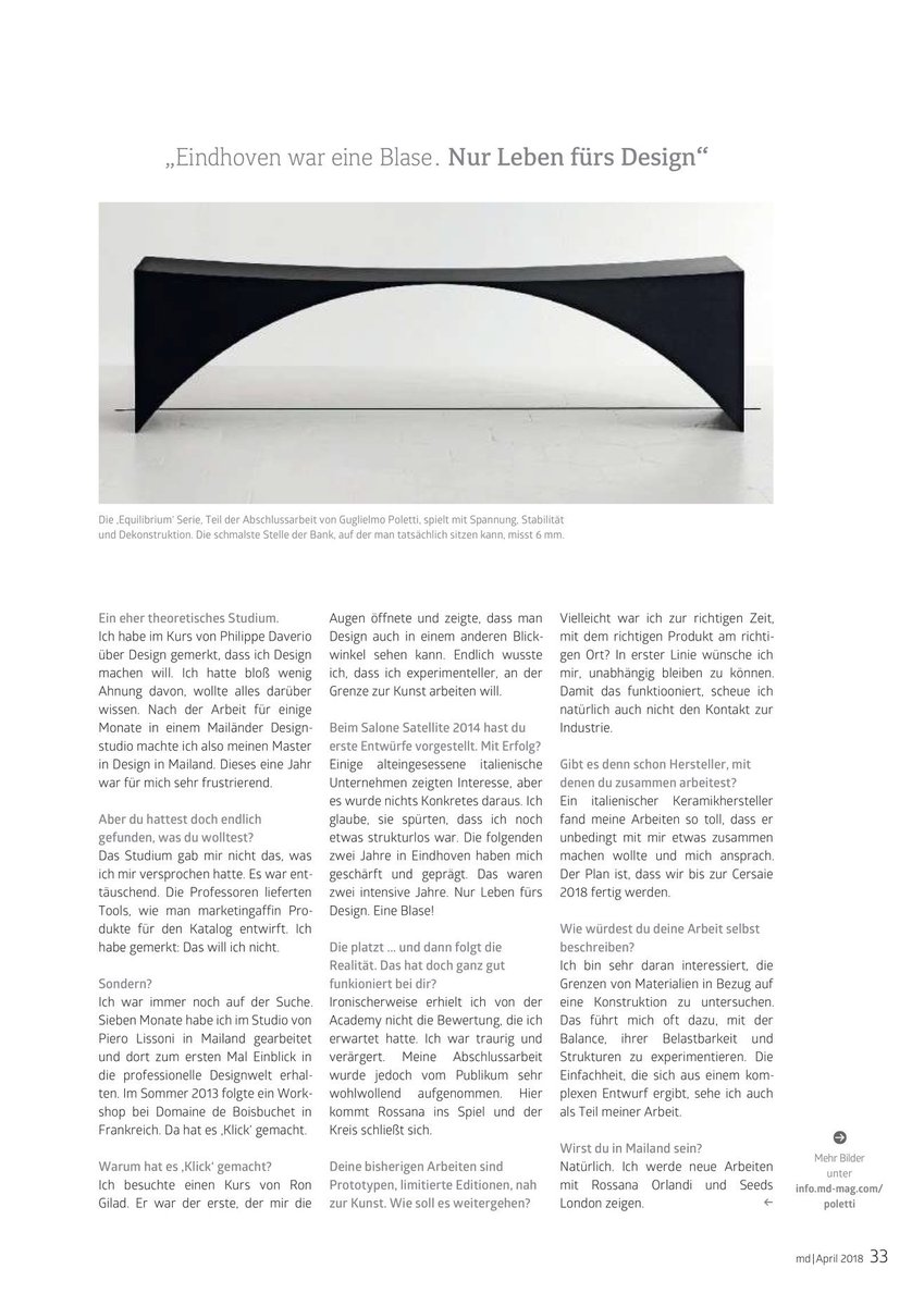 Een groot interview met ontwerper en TAC-genoot Guglielmo Poletti in het Duitse interieur-, design- en architectuurtijdschrift md #guglielmopoletti #designerchat #mdmagazine