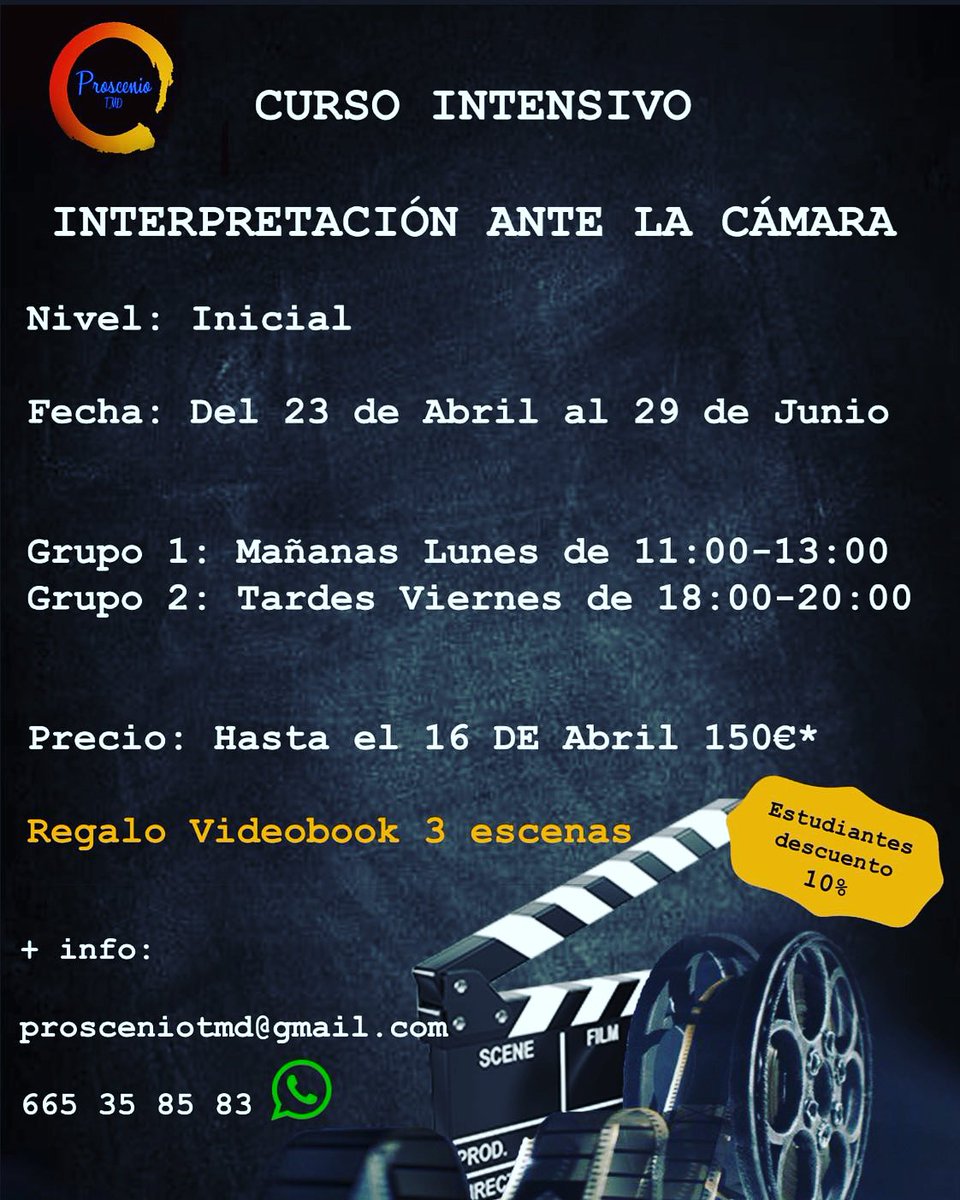 Proscenio_TMD's tweet photo. #curso #actor #actriz #camara #cine #television #videobook #esadmalaga #estudiantes #interpretacion #teatinos #malaga #politecnico https://t.co/i230dqVeEv