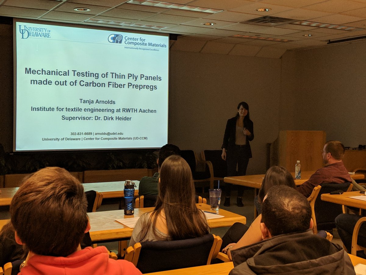 UDCCM's tweet photo. Tanja Arnolds, a graduate intern from Institut für Textiltechnik, presents research on Mechanical Testing of Thin Ply Panels made out of Carbon Fiber Prepregs #2018ResearchReviews https://t.co/gfiXpri0Bq