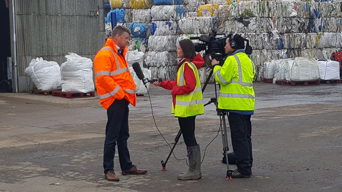 Agricycle's tweet photo. A busy morning here at @Agricycle with our visitor Kate Sweeting from BBC News, reporting on our shotgun cartridge waste recycling scheme. Pictured is Kate Sweeting speaking with Robert Moore, Managing Director of Agricycle. https://t.co/o9sF9XwsWW