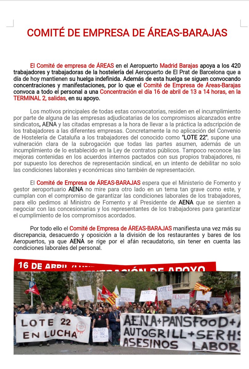 El Comité de Empresa de Áreas-Madrid-Barajas convoca a los trabajadores y trabajadoras a una Concentración
16 abril de 13 a 14 horas
TERMINAL 2, salidas
en apoyo de <a href="/BCNLote22/">Lote22</a> restauración Aeropuerto de Barcelona, en huelga indefinida contra la política de AENA
#NoMasPrecariedad