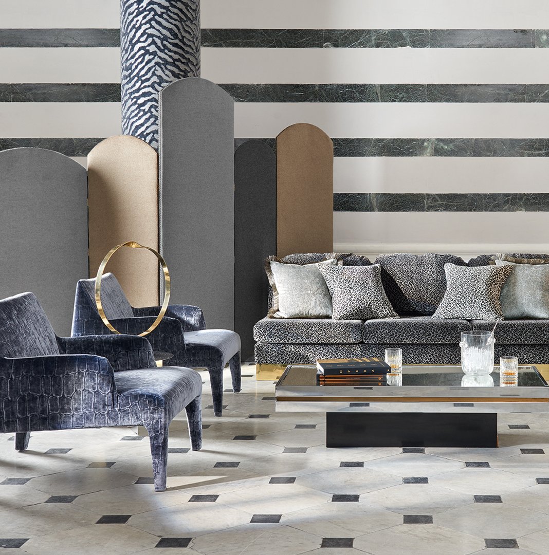 Striking patterns and seductive textures combine to create a collection of fun animalia inspired fabrics #lobby #velvets #animal #animalprint #hotel #newcollections #photoshoot #zinctextile #luxurious #luxeinteriors