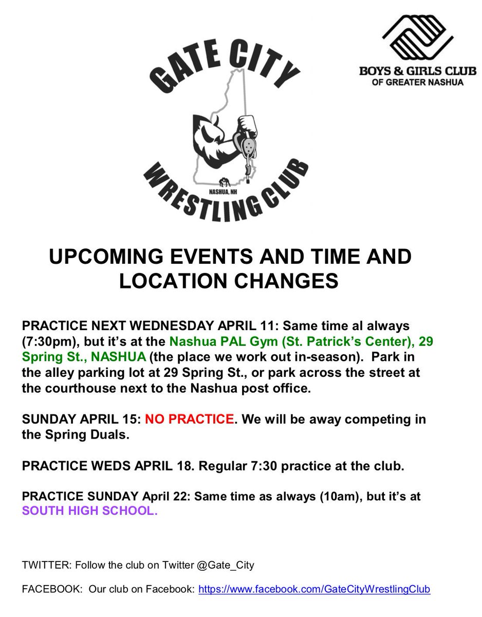 Remember that practice tonight, Weds 4/11, is NOT at the club. It’s at <a href="/PAL_gym/">Nashua PAL Gym</a>, 29 Spring St., Nashua. <a href="/WrestlingNH/">WrestlingNH</a>