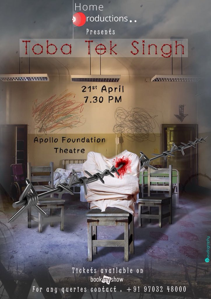 #tobateksingh a play directed by #varungyanchandani to be staged at #apollofoundation #amphitheatre, #Hyderabad on 21st April. It’s about what happened and what it caused in the lives of sound and unsound.