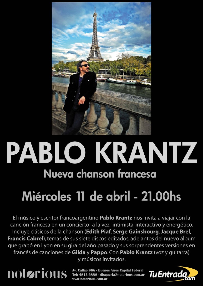 Notoriousbar's tweet photo. Hoy! #PabloKrantz #Chanson #ChansonFrancaise #Francia #France 
@pablokrantz https://t.co/Weed3ATZIp