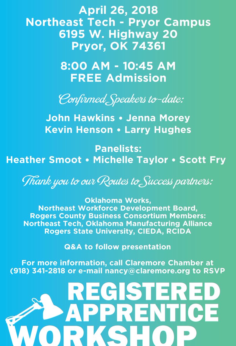 OKLAworks's tweet photo. NE Oklahoma Employers, find out how you can build your ideal workforce through Registered Apprenticeship! Sign up to attend a free workshop on April 26! For more information visit: https://t.co/XIlZzAWy1z #ApprenticeshipWorks #EarnAndLearnOK https://t.co/Dz06D0zWd1